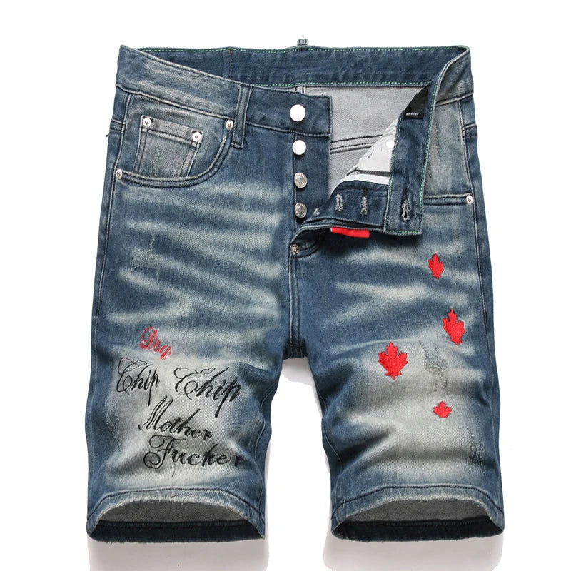 fashion blue Denim Shorts Summer Holes BUTTON FLY Shorts Jeans High Quality Stretch Fit Denim Jeans Shorts