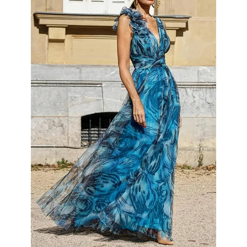 Boho Floral Maxi Dress Women - Gradient Blue V-Neck Sleeveless  Beach Party Dress with Ruffled Lace Hem