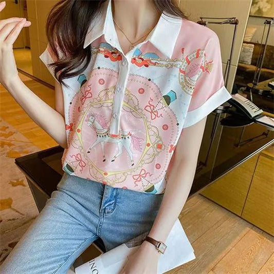Casual Printed Polo-Neck Chiffon Blouse  Short Sleeve
