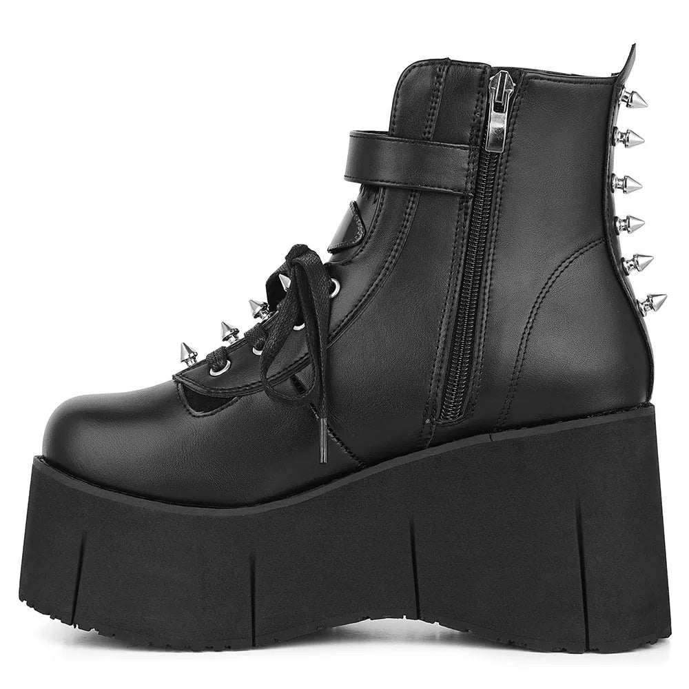 Goth Punk Stylish High Platform Ankle Boots High Wedges Heel Side Zipper Round Toe
