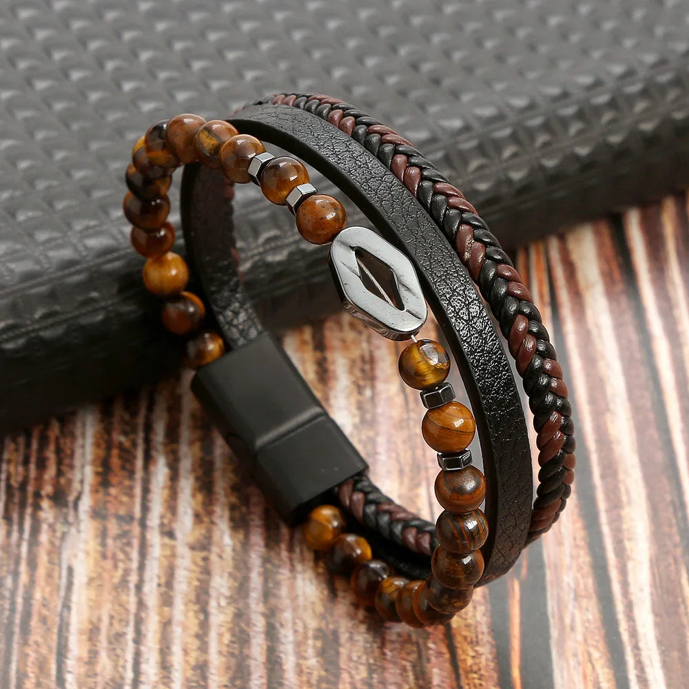 Hot Fashion Beads Leather Bracelet Men Classic Tiger Eye Beaded Multi Layer Leather Bracelet For Men Jewelry