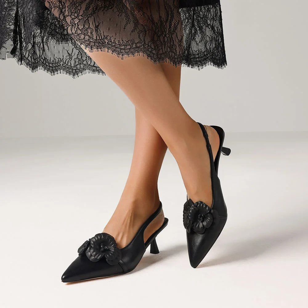 Flower Kitten High Heel Sandals  Pointed Toe Elastic Band Pull-on Slingback Pumps