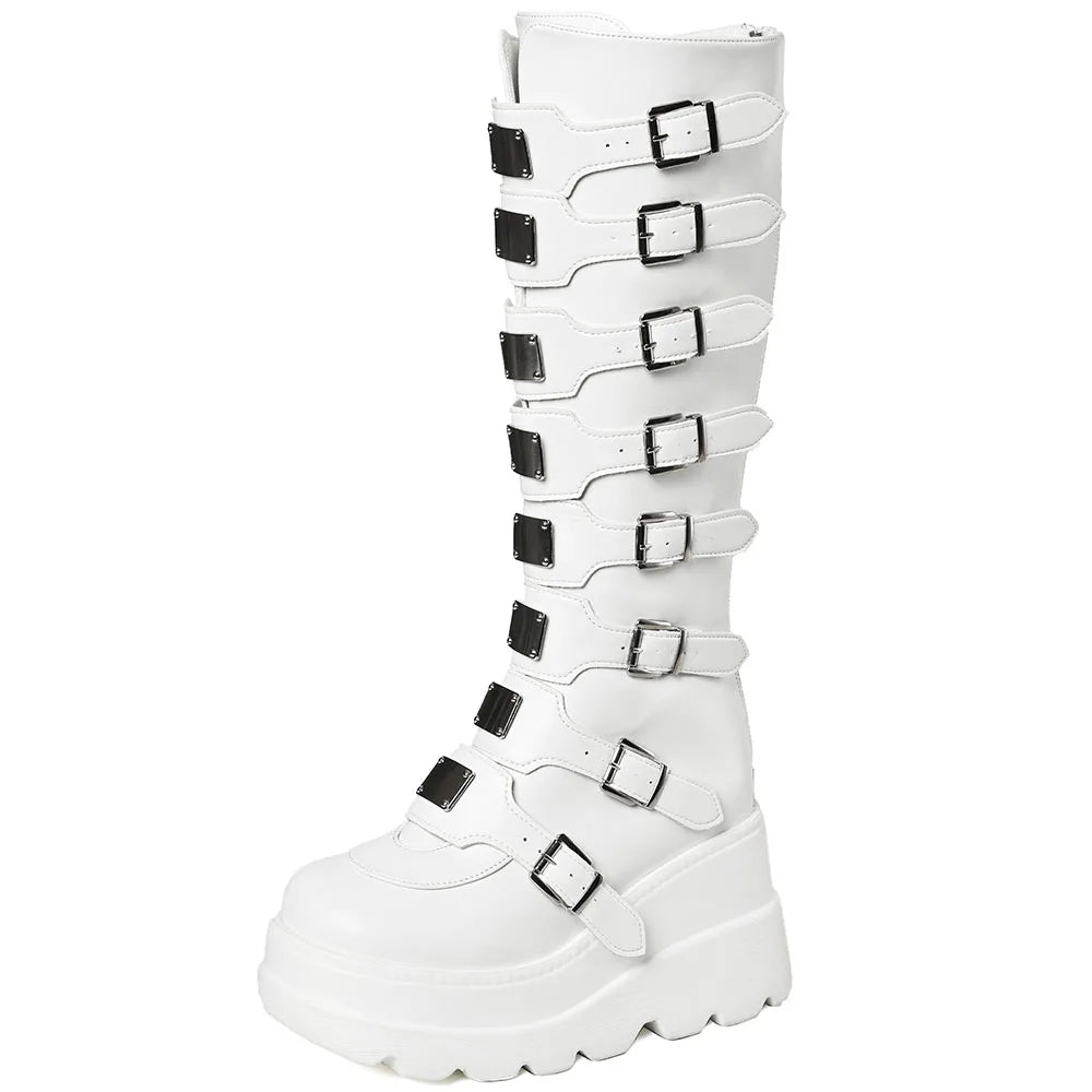 Punk Goth  Knee High Boots Round Toe Multi Metal Buckle Zipper Motorcycle Boots