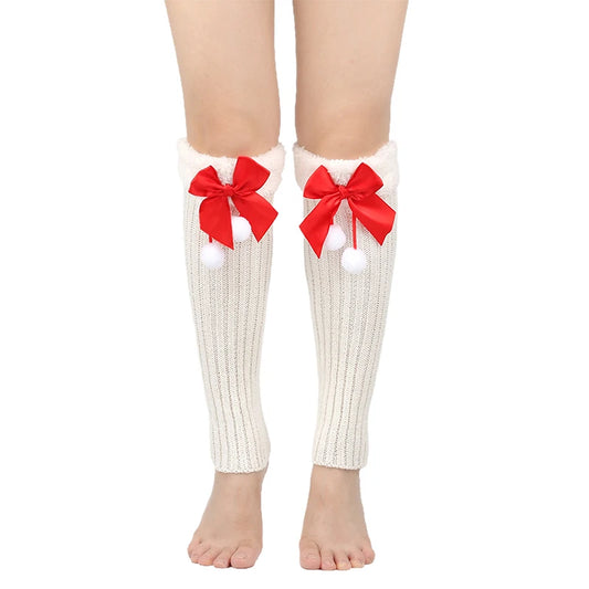 Winter Knit Leg Warmers with Faux Fur Trim and Button Detail Cozy Knee High Boot Socks Cable Knit Leggings