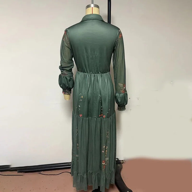 Vintage Pattern Printed Long Sleeve Dress Women Summer Sexy V Neck Pleated Long  Bohemian Style Lapel Spliced Maxi Dress