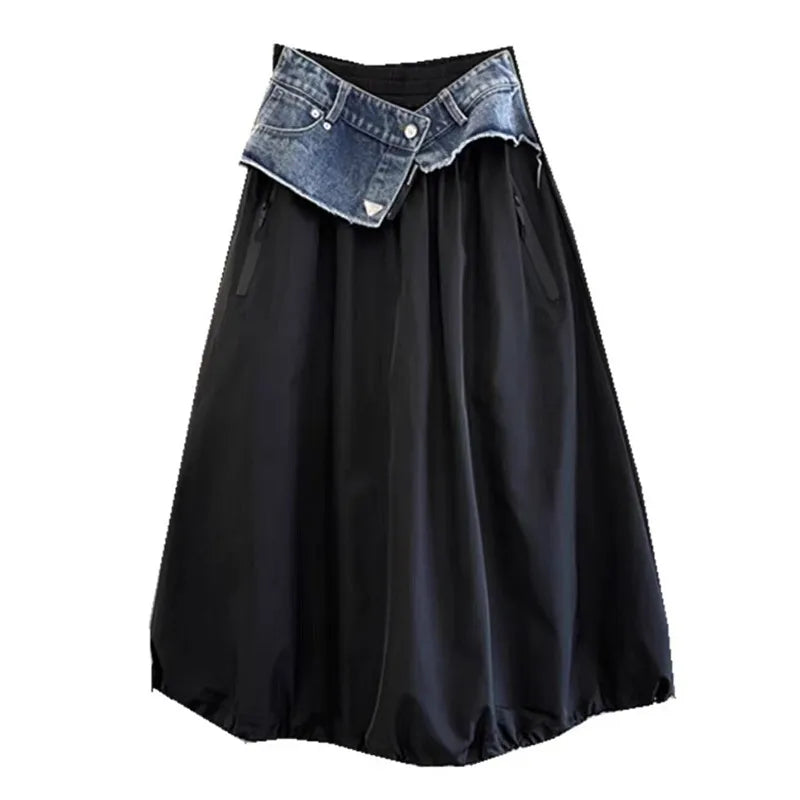 Loose Casual Cotton Denim Patchwork A-line Mid-calf Elastic Waist Skirt