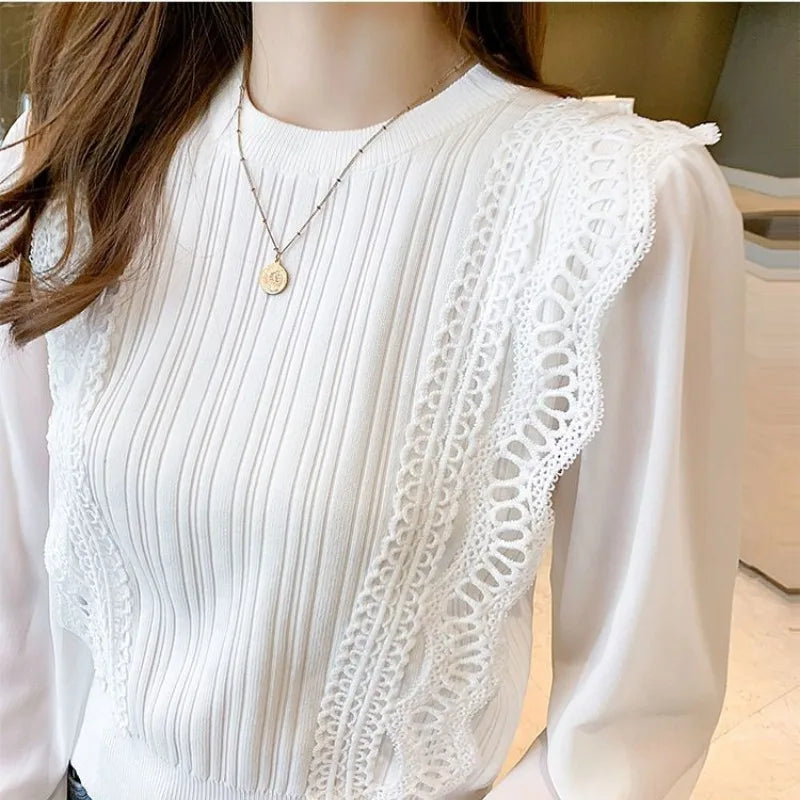 Solid Round Neck Pullover  Bubble Sleeve Loose Chiffon Tops