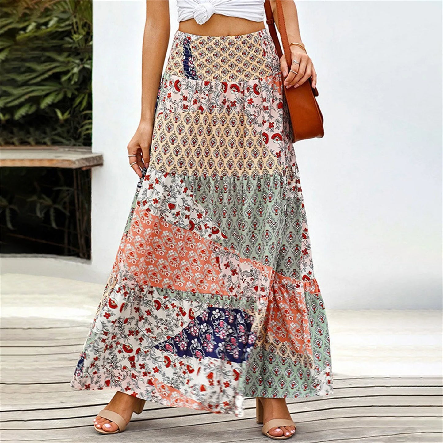 All-Match Skirt Loose Elastic Waist Floral Print Ethnic Style Boho Skirt Bohemian Vintage Skirt