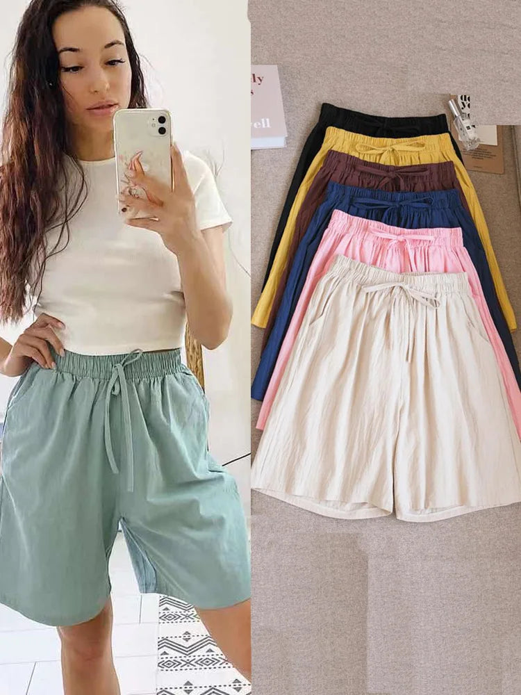 Cotton Shorts, Summer Casual Solid Two Pockets shorts high waist loose shorts  Soft Cool female shorts