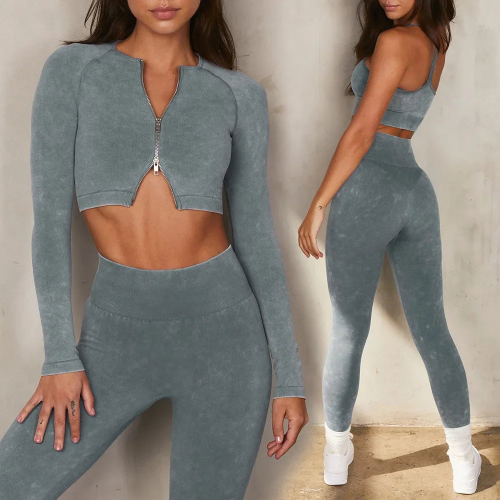 Sport Set Women Seamless Yoga Set Sports Bra Long Sleeve Crop Top Sports Top Gym Leggings  Workout Clothes