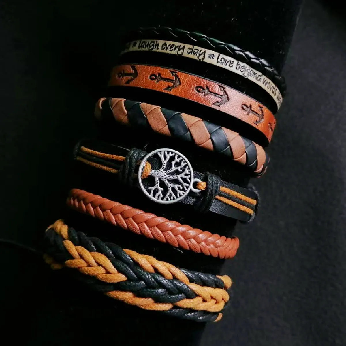 Casual Bead 6 Pc/set Tree Black Khaki Handmade Men Bracelets Male Women Leather Bracelets Men Bangle