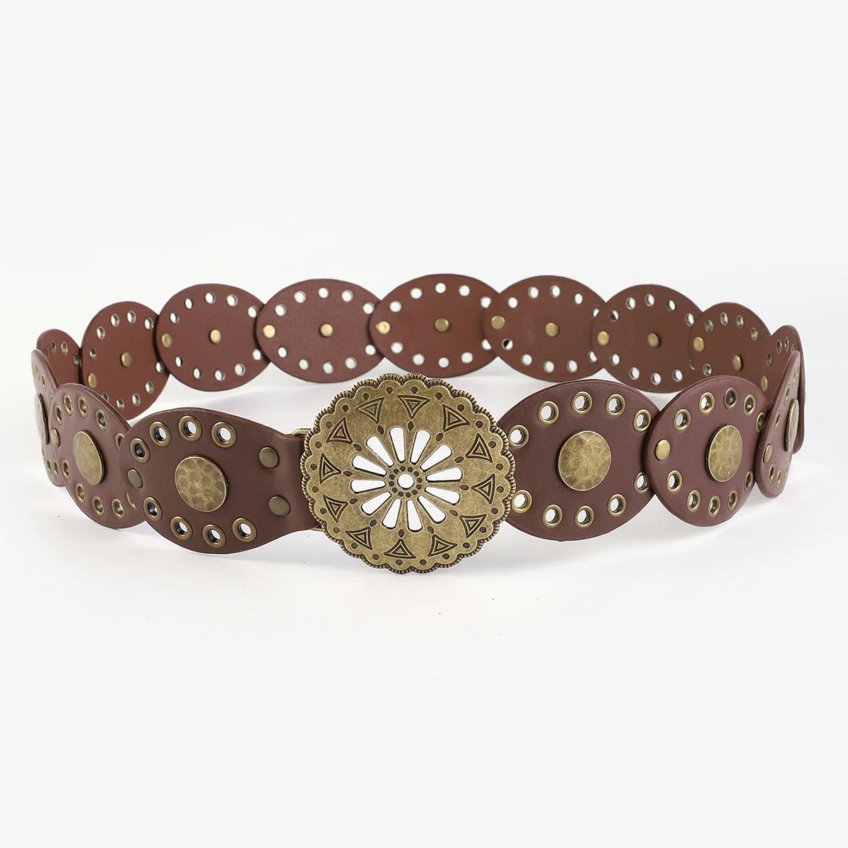 Retro design western cowboy belt personality round hollow metal wide belt for women