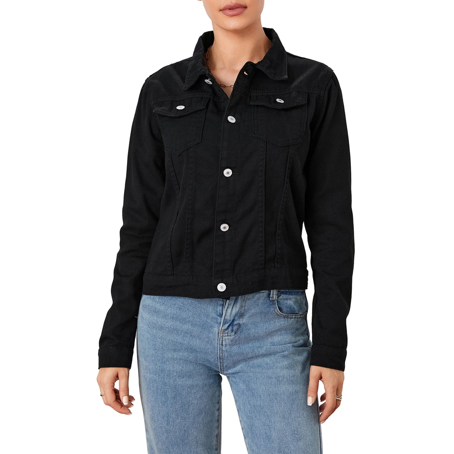Solid Color Denim Jacket  Lapel Button Cardigan Jean Jacket  Casual Long Sleeve Short Coat