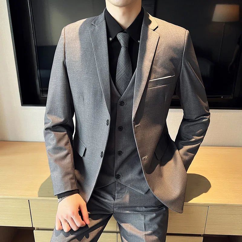 Men's High-Quality 3-Piece Business Casual Wedding Suit Vest Trousers Set Handsome Fashion Banquet Clothing