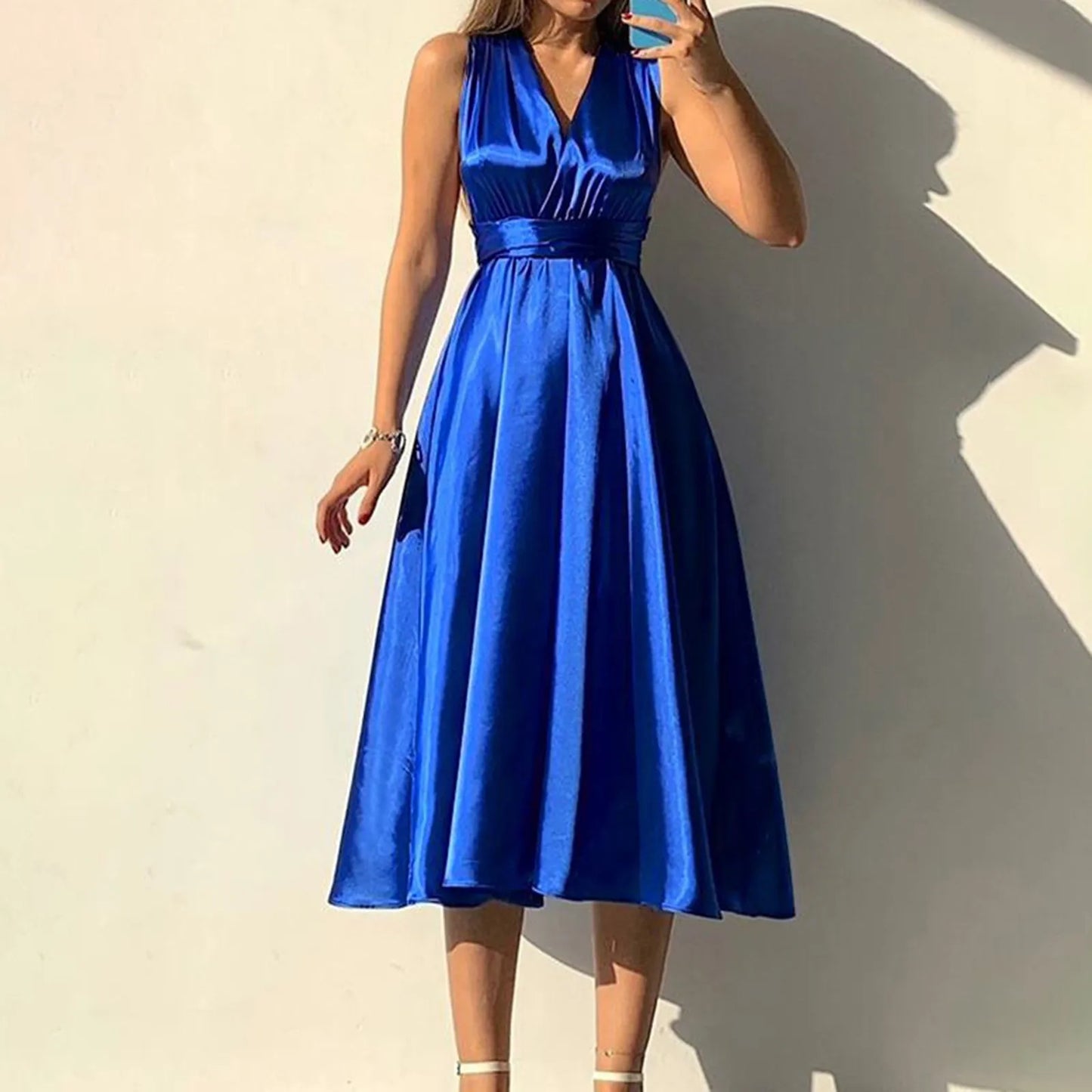Sexy Deep V-neck Halter Neck Prom Dress for Women Fashion Elegant Satin Backless Sleeveless Evening Party Dress Female