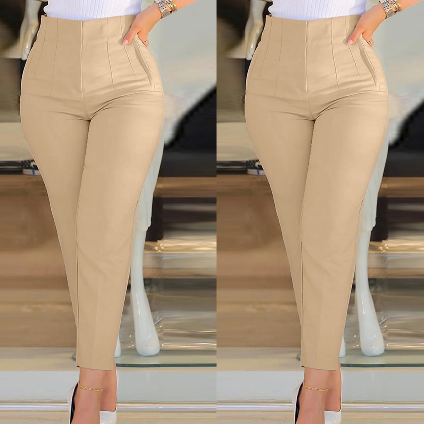 Slim Fit Women Formal Pants High Waist Cropped Trouser Workwear Solid Casual Pocket Elastic Waist Business Pant Womens