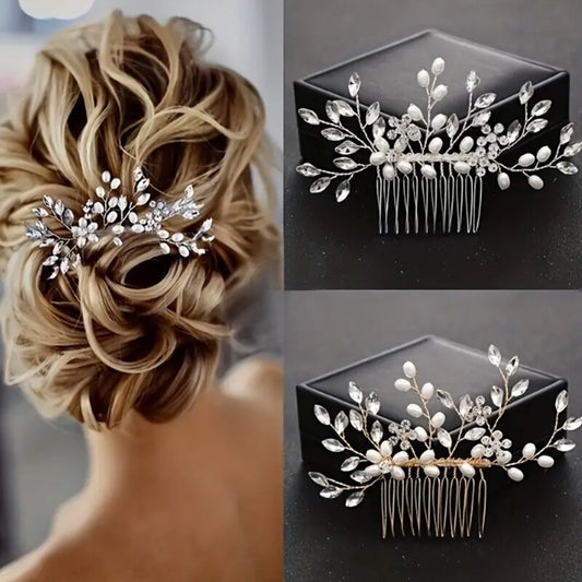 Faux Pearl Crystal Comb Clips, U-shaped Flower Rhinestone Pearl Hair Clips