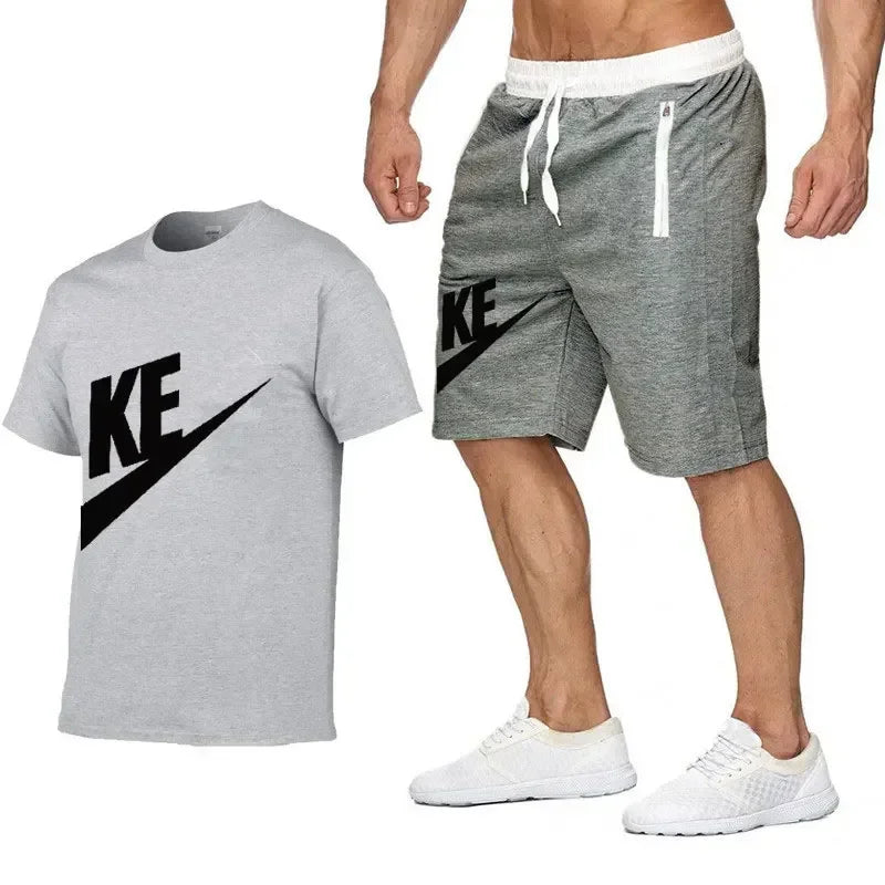 Summer men's printed round neck short-sleeved T-shirt + five-point shorts two-piece fitness sports fashion leisure suit