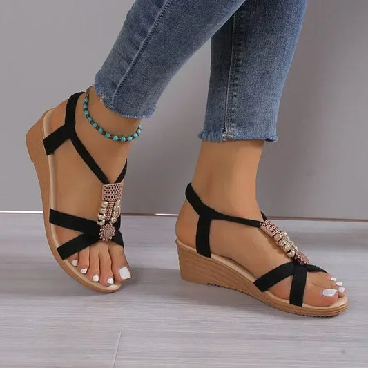Round Toe Wedge Heel Metal Decorated Fashionable Women's Shoes Flat Wear-resistant Comfortable Casual Sandals