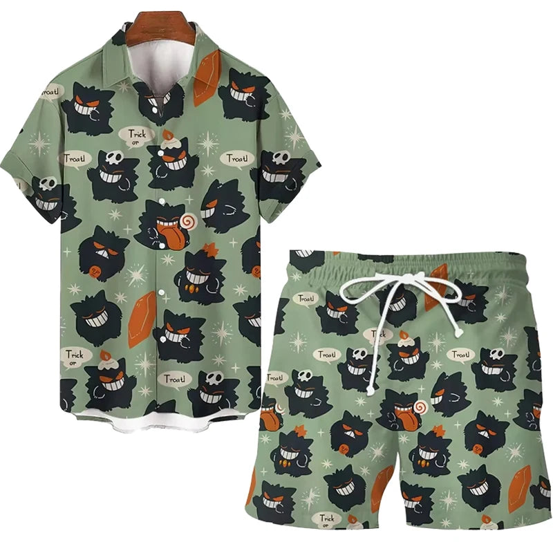 MINISO Pokemon Pikachu Men's Short-sleeved Shirt Beach Shorts Set Men's Summer Street Fashion Men's Casual Hawaii Shirt Suit