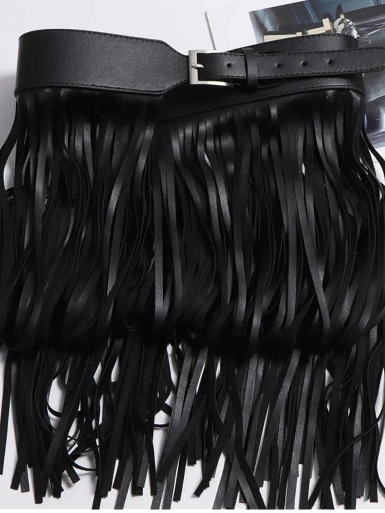 Leather Skirt Women Belt Black Full Tassels
