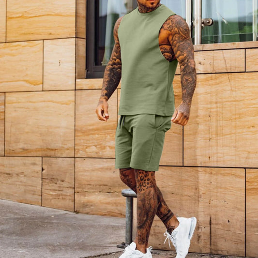 Sportswear Men's Casual Thin Five Quarter Pants Sleeveless Top Solid Color Camelback Shorts Two-piece Set