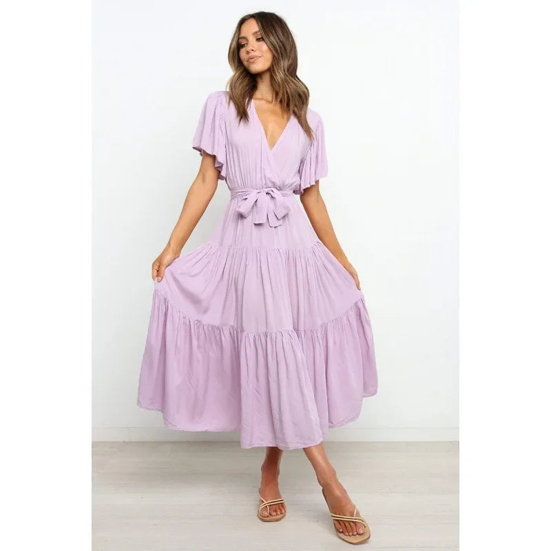 Bohemian V-Neck Short Sleeve Waist-Cinched Dress Skirt Dress