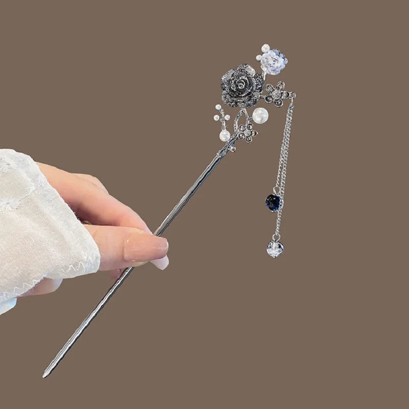 Modern Hair Stick Ink Flower Metal Tassel Hairpin Forks For Women  Beads Fringe Hair Clasp