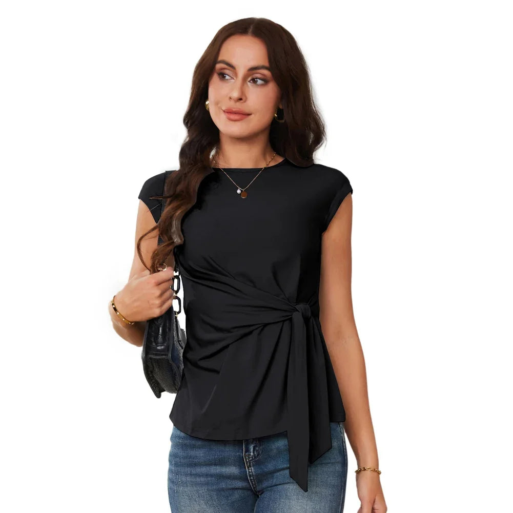 Front Bow Knot  Cap Sleeve Crew Neck Pullover