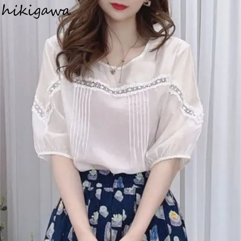 Vintage Blouse  Short Sleeve O-neck Patchwork Lace Chiffon