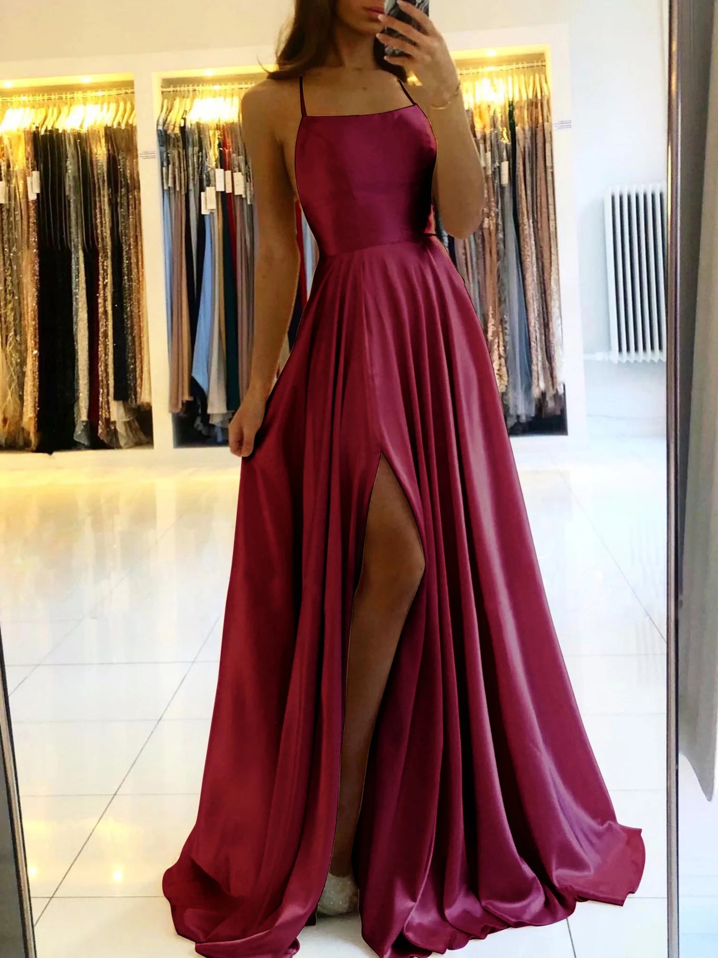 Elegant Dusty Green Long Prom Dress Sexy Backless Side Slit Halter Satin Evening Party Gowns
