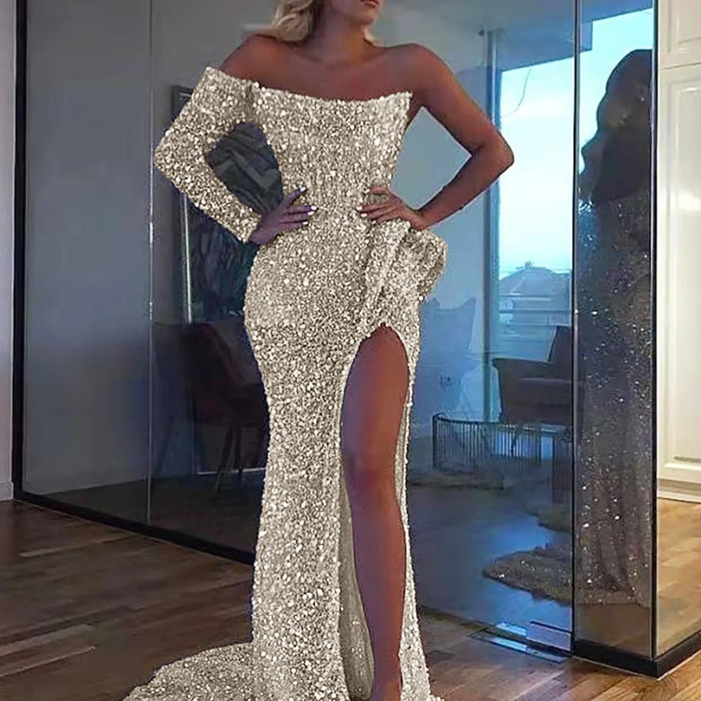 Elegant Sparkly Sequins Dresses Women  Fashion Mermaid Slash Neck One Shoulder Wedding Prom Dress  Split Evening Dress