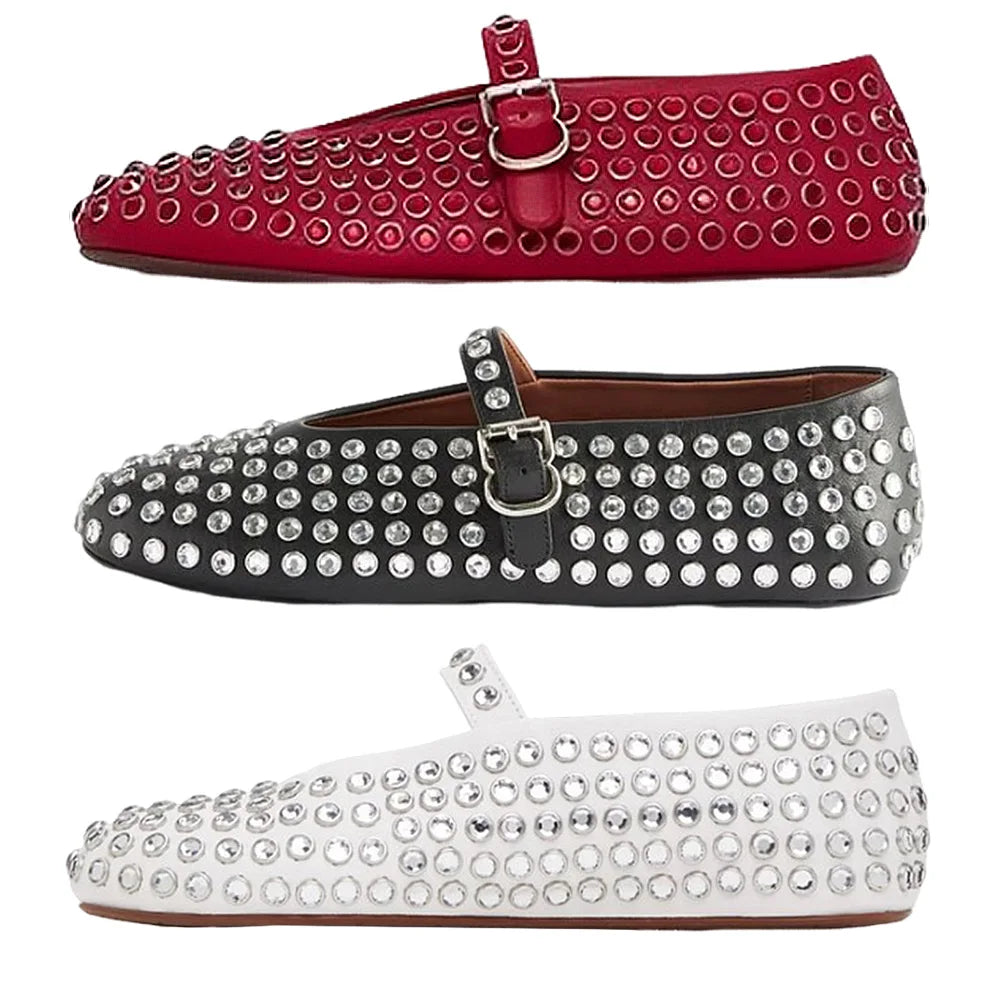 Glitter Shoes with Buckle Strap Rhinestone Ballet Flats Round Toe  Comfortable
