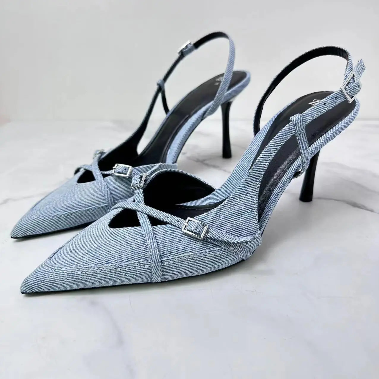 Sexy High Heels Pumps Shoes Pointed Toe Slingbacks Denim
