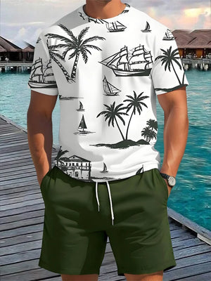 Summer Two Piece Casual Daily Men's Short sleeved Shorts Set Hawaii Printed Men's T-shirt Outdoor Sports Men's