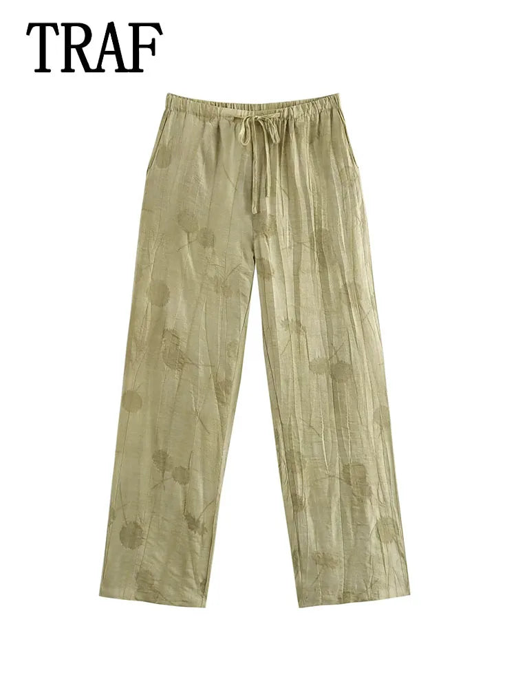 Women's Print Long Pants Sets Lapel Half Sleeve Single Breasted Shirts + High Waist Lace-Up Wide Leg Pants