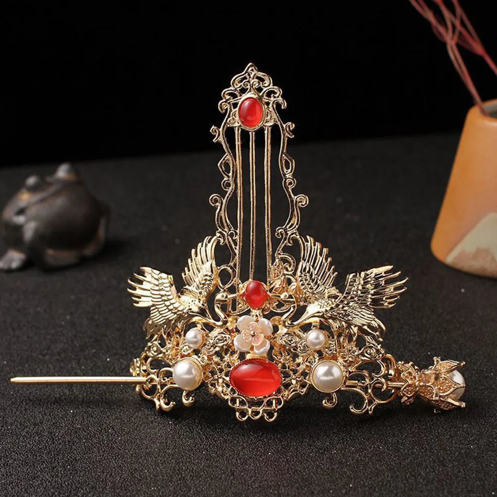 Retro Chinese Hair Crown Golden Alloy Tiaras and Crowns Pearl Headbands with Hair Sticks Vintage Hair Jewelry for Men Women