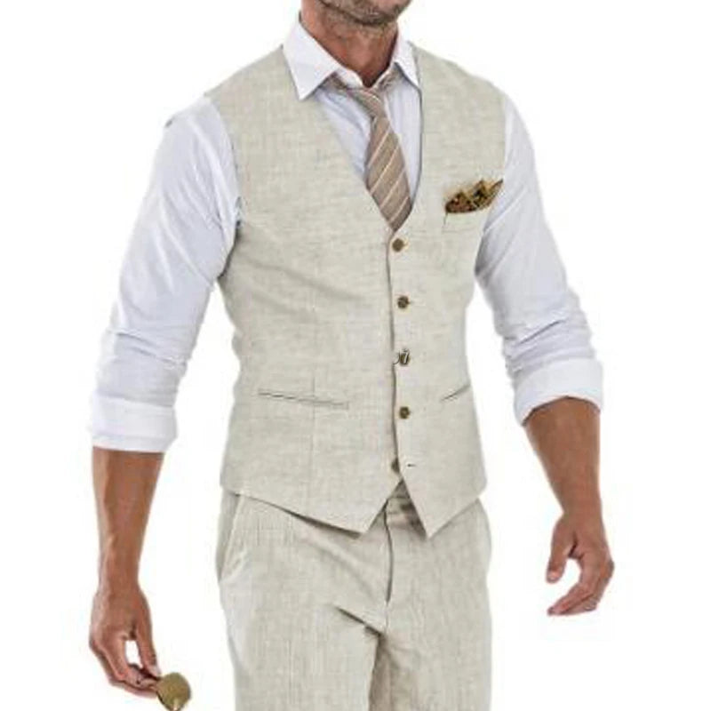 Summer Linen Beige Men's Suits Vest Only1 Piece Single Breasted Casual Daily Outfits Luxury