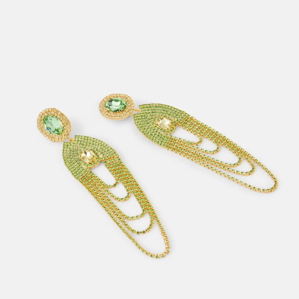 Green Crystal Multilayer Tassel Ear Clip Earrings Rhinestone Earrings No Piercing