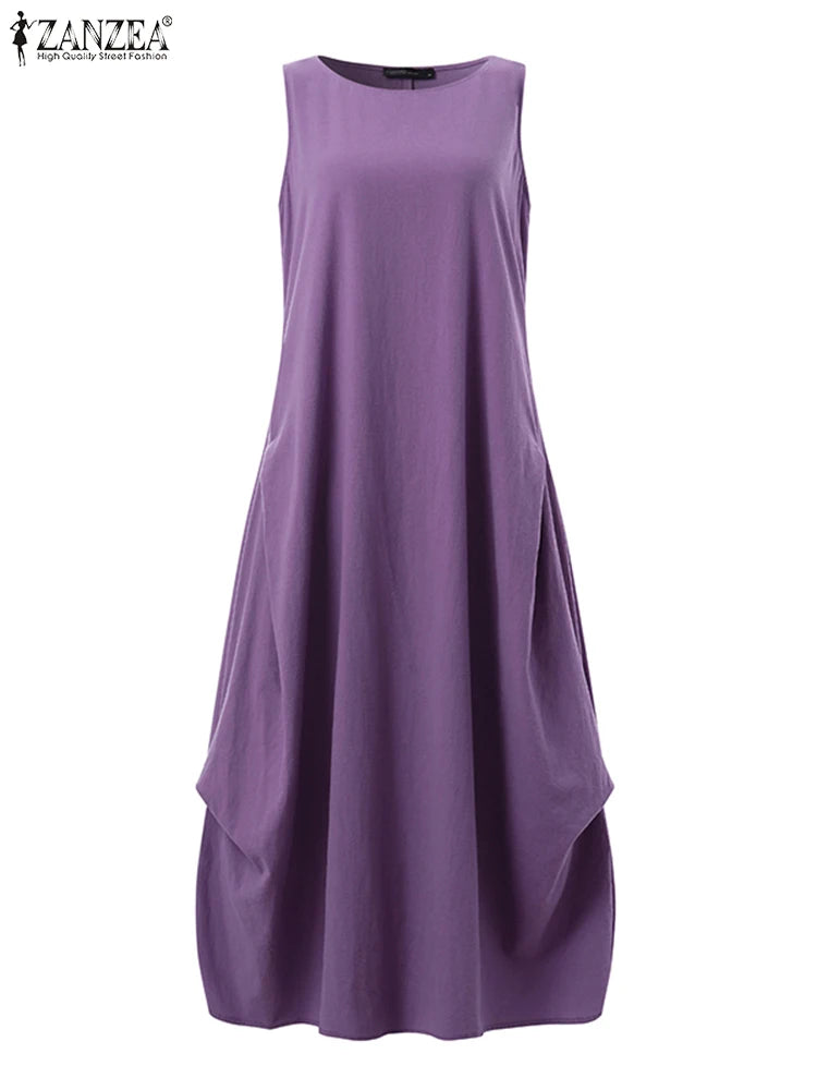 Fashion Summer Dress Women Oversized Maxi Dresses Casual Loose Solid Cotton Sleeveless O Neck