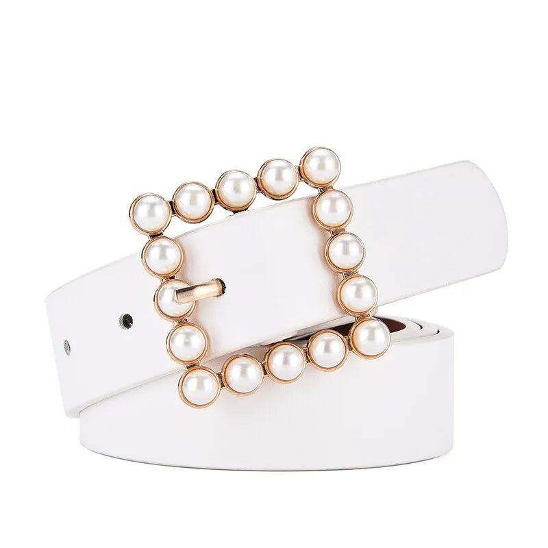 Women's Belt Fashion Pearl Buckle Belt Trend Versatile Jeans Belt PU Leather Belt Street Trend Belt