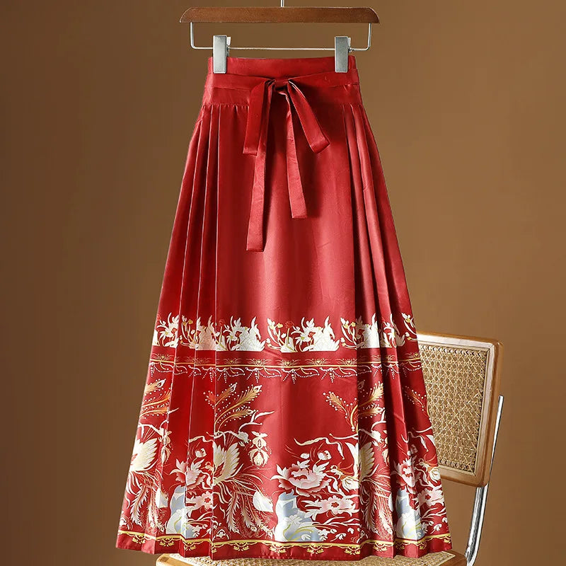 Vintage Maxi Chinese Style Horse Face Skirts  Pleated