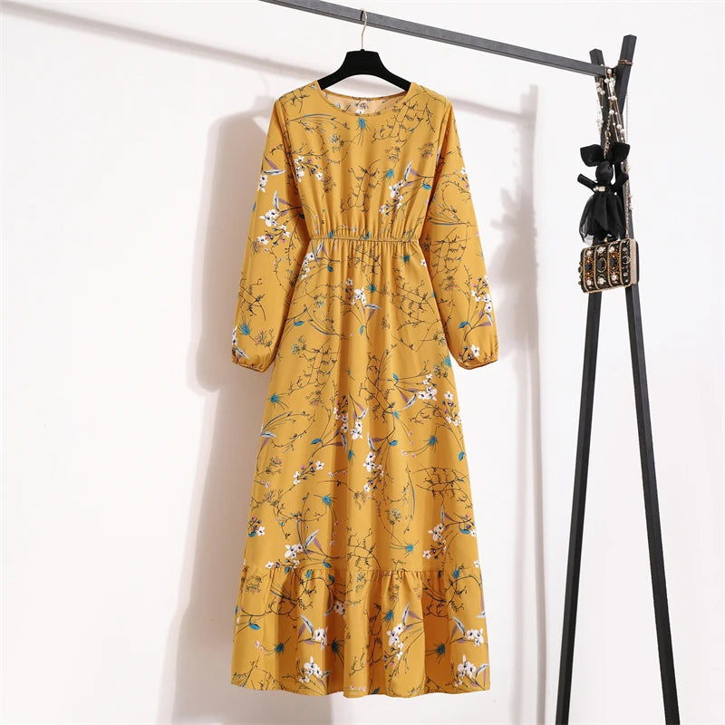 Spring Summer Women Maxi Dresses Casual Full Sleeve Floral Printed O-neck Woman Boho Beach Party Long Dress