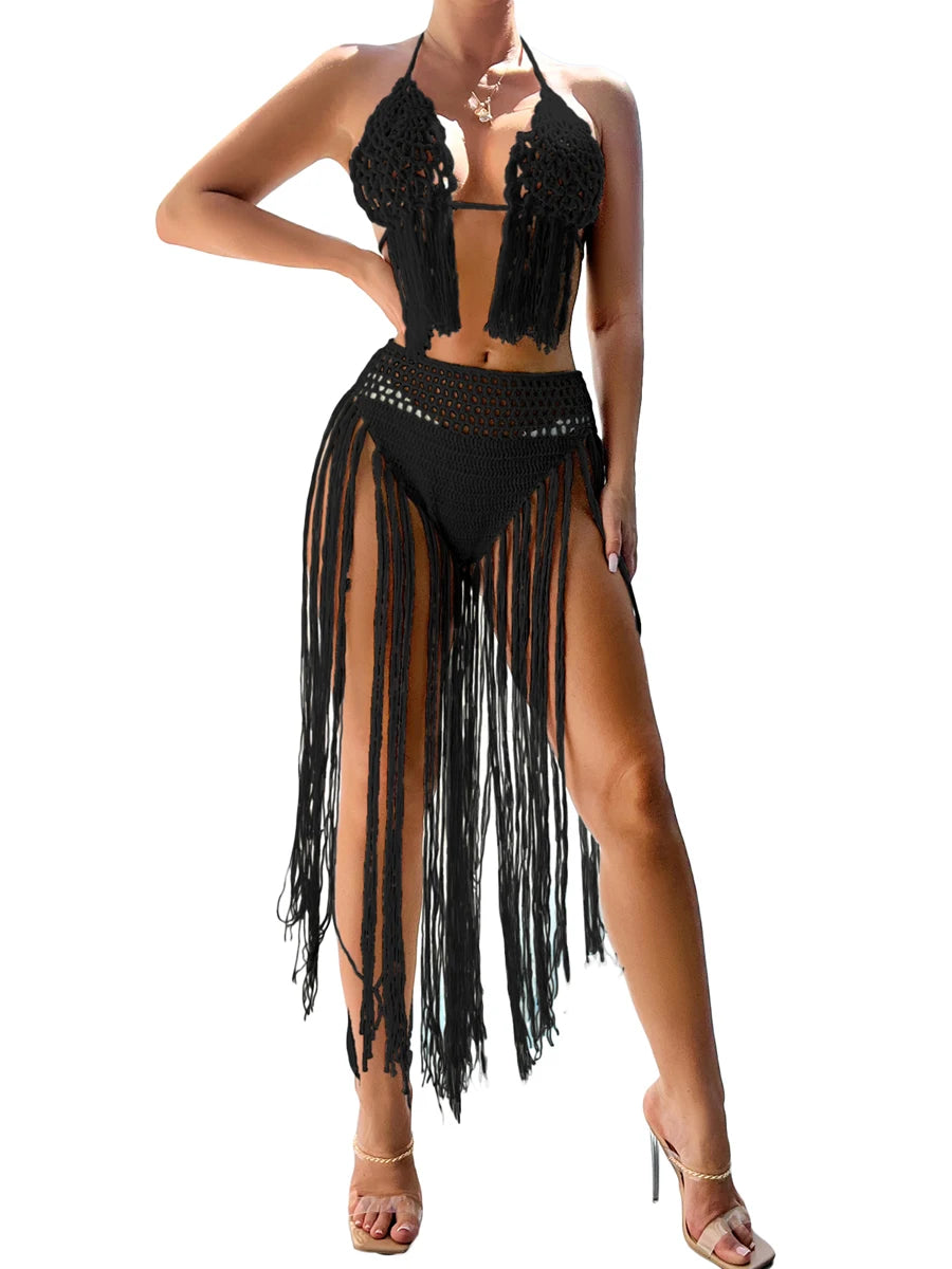 Crochet Halter top  High Waist Bikini Bottom Set Beachwear Swimsuit