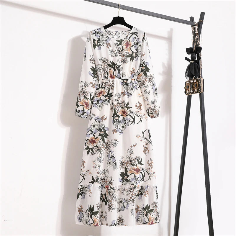 Spring Summer Women Maxi Dresses Casual Full Sleeve Floral Printed O-neck Woman Boho Beach Party Long Dress