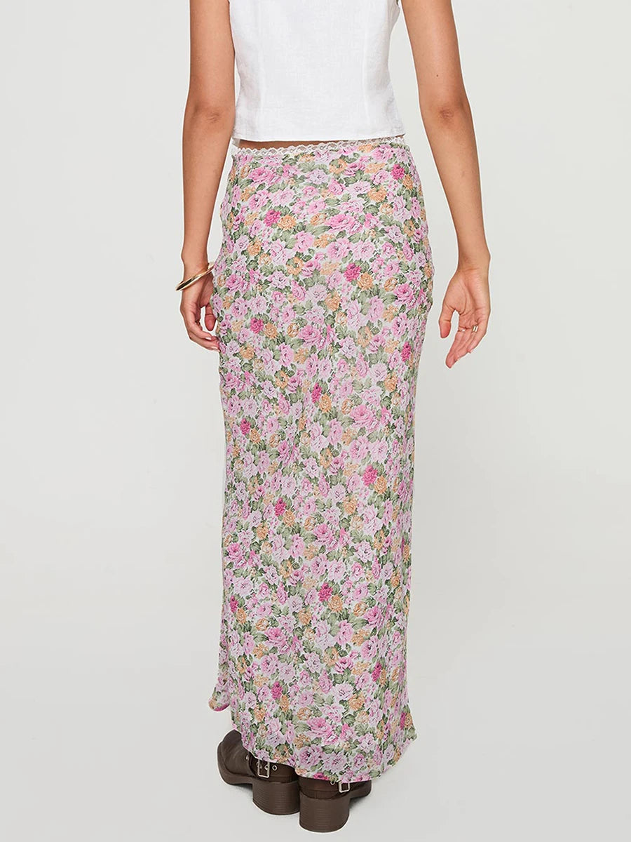 Women s Boho Maxi Skirt with Ruffle Hem and Tie Waist Elegant Floral Print Long Skirt