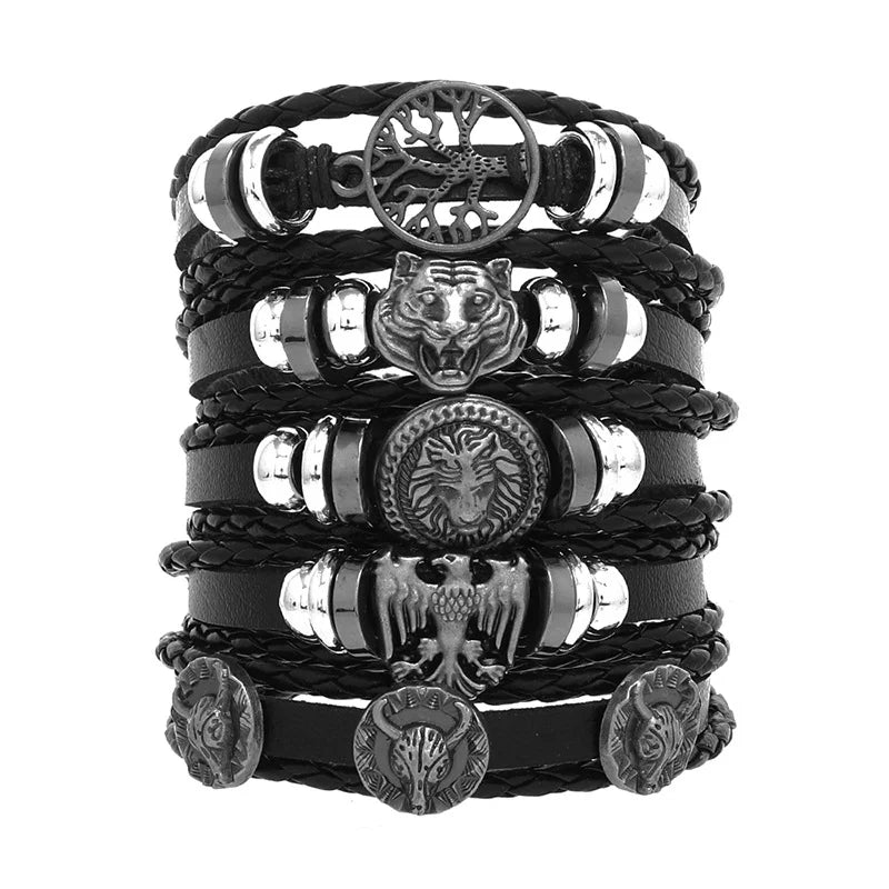 1 Fashion Bracelet Viking Bracelet For Men Hand Bracelets Woven Skull Hand Jewelry Adjustable Leather Set Bracelet
