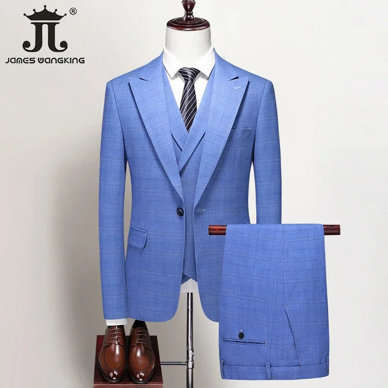 ( Blazer + Vest + Pants ) Boutique British Style Men's Suit Plaid Dress Business Casual Formal Suits 3Pcs Set