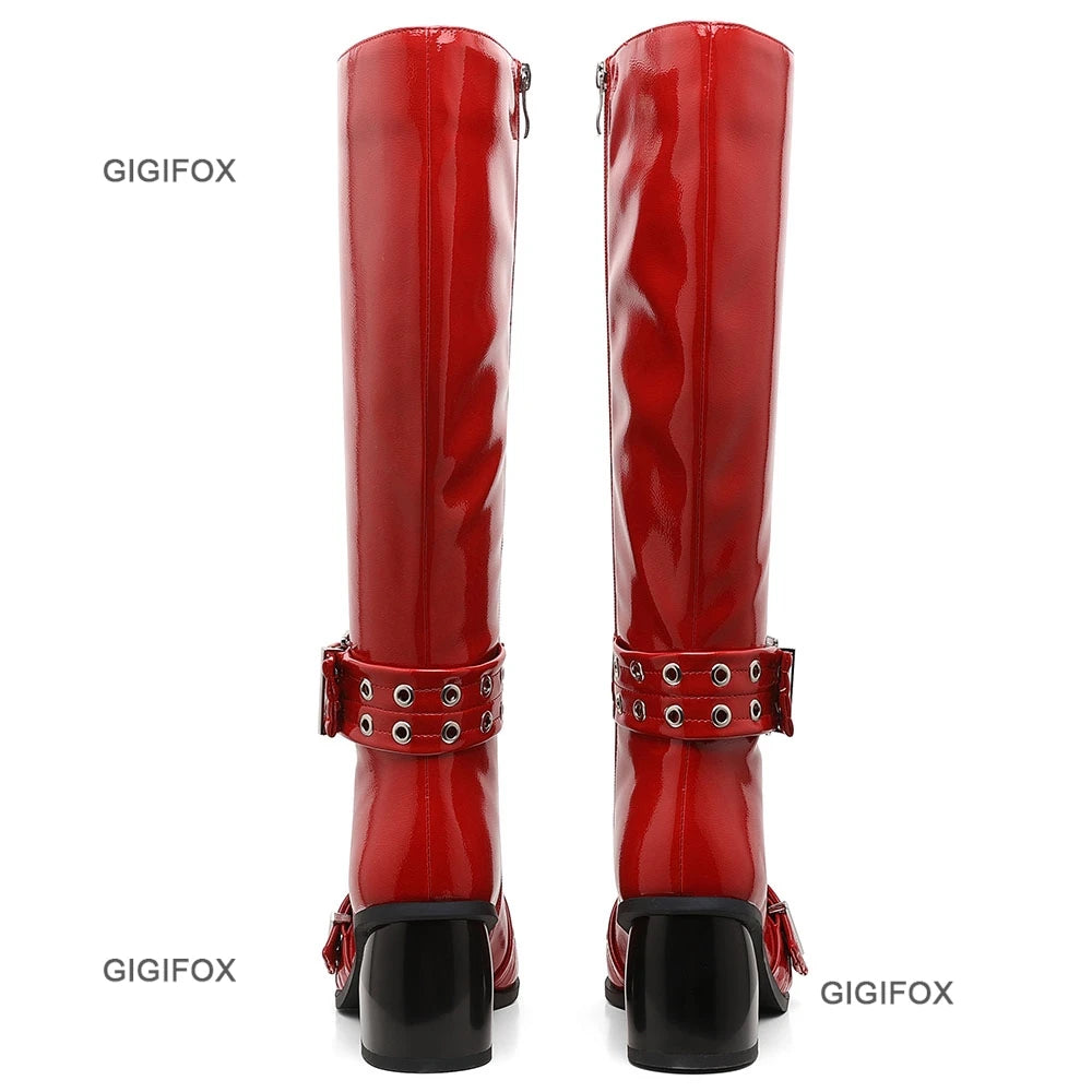Pointed Toe Women Zipper Knee-high Boots Chunky High Heel Patent Leather Metal Buckle Shoes
