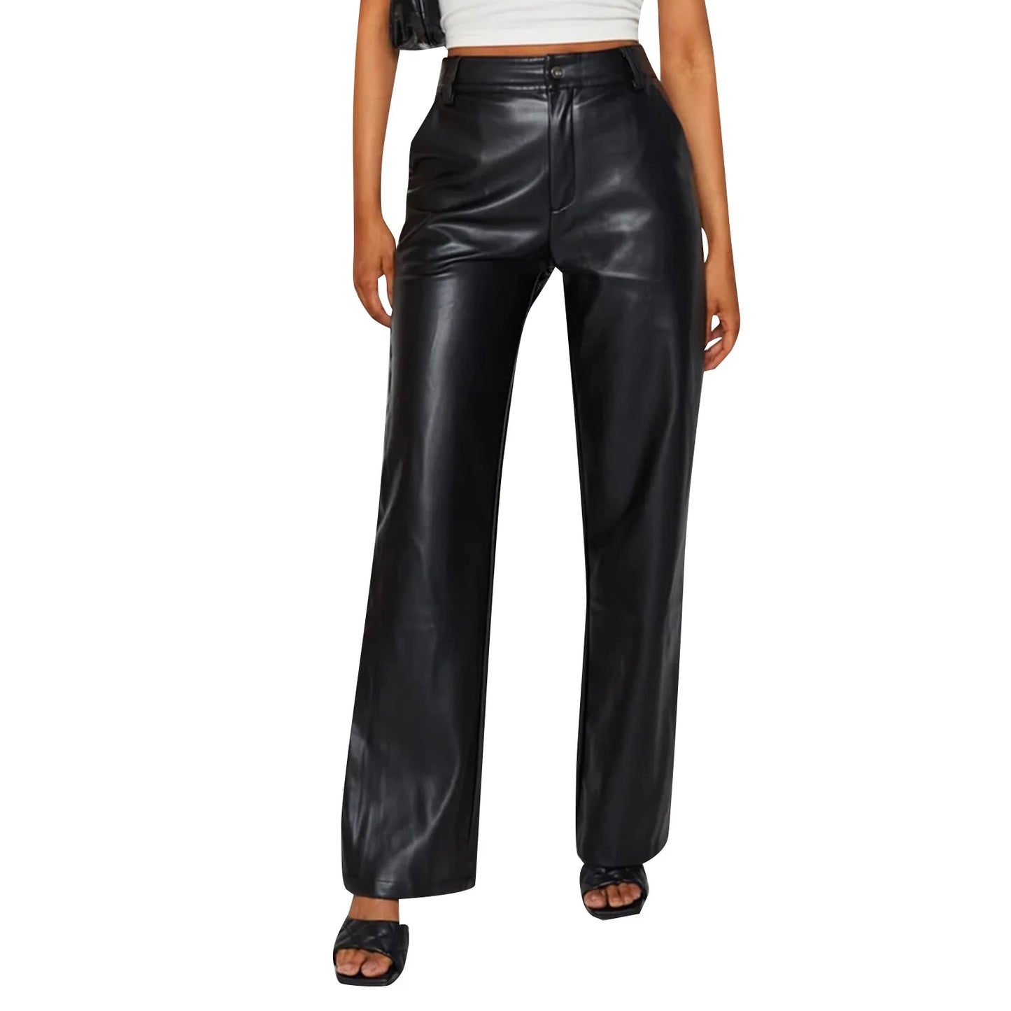 Women s Casual Loose Fit Trousers with Pockets High Waist Solid Color Straight-leg Pants in Faux Leather